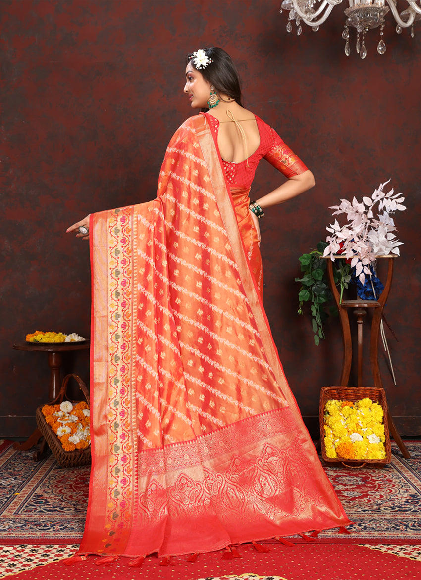 Lorenvalley Fashion Orange Organza Silk Woven Design with Rich Meenakari Weaving Pallu Saree | Grocsy