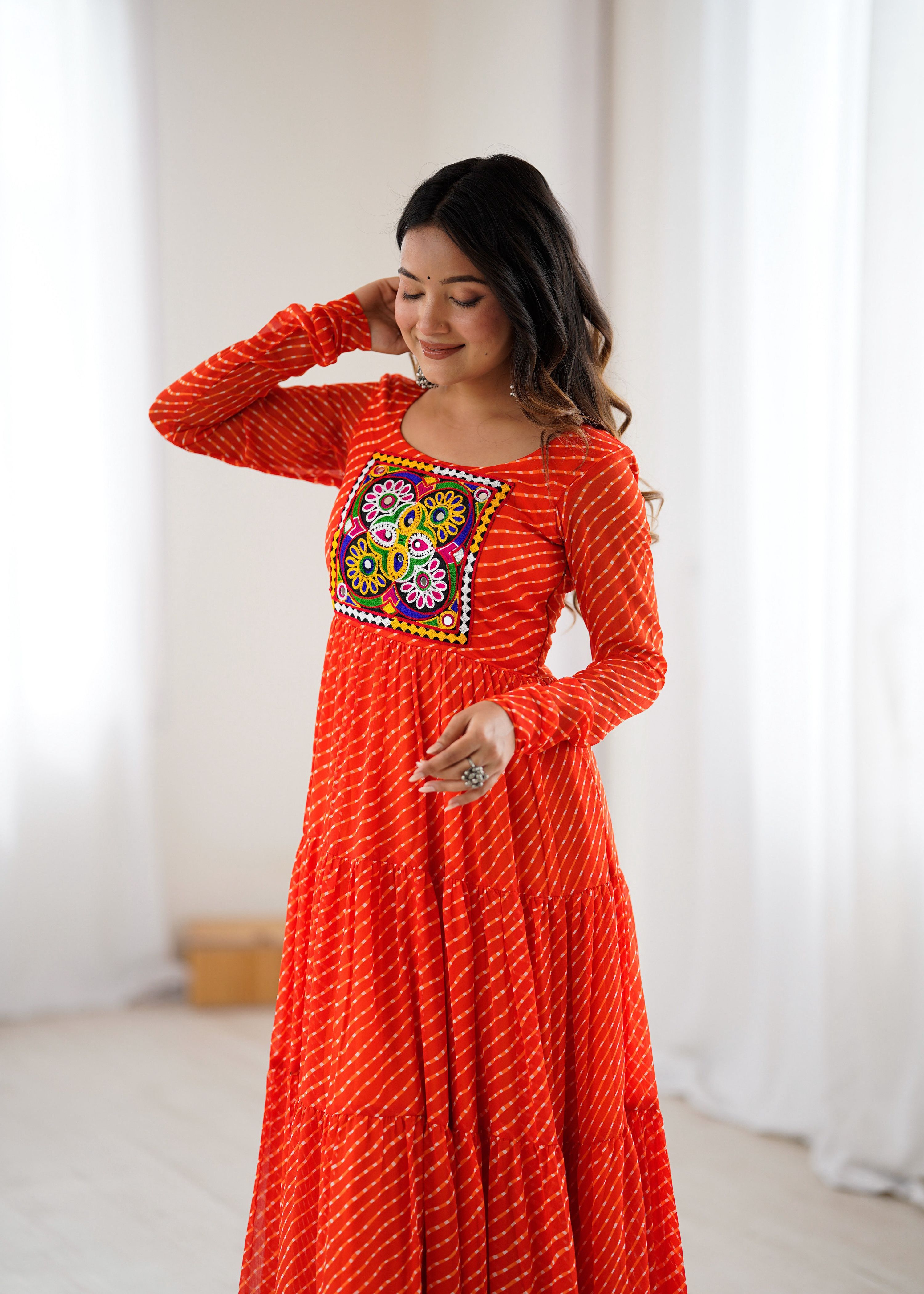 Lorenvalley Fashion Women Pure Soft Faux Georgette Leheriya Print Anarkali Gown | Grocsy