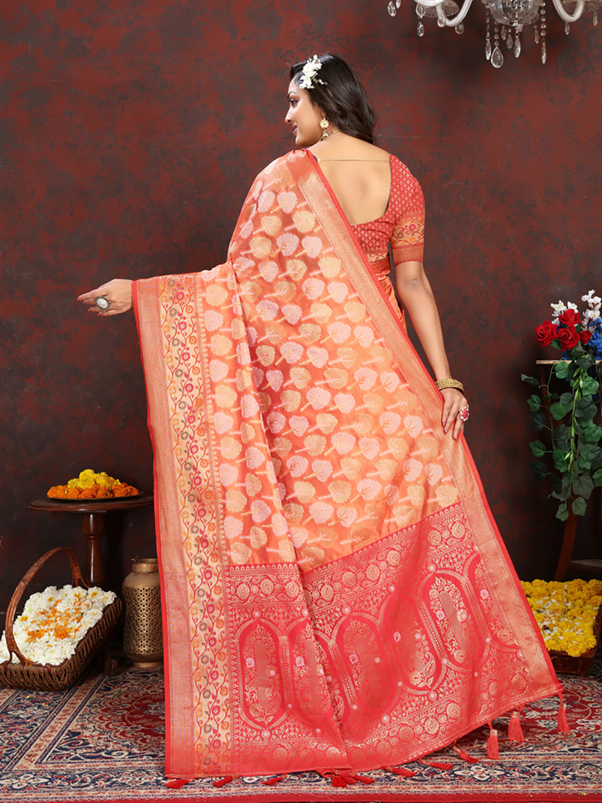 Lorenvalley Fashion Orange Organza Silk Woven Design with Rich Meenakari Weaving Pallu Saree | Grocsy