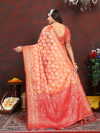 Lorenvalley Fashion Orange Organza Silk Woven Design with Rich Meenakari Weaving Pallu Saree | Grocsy