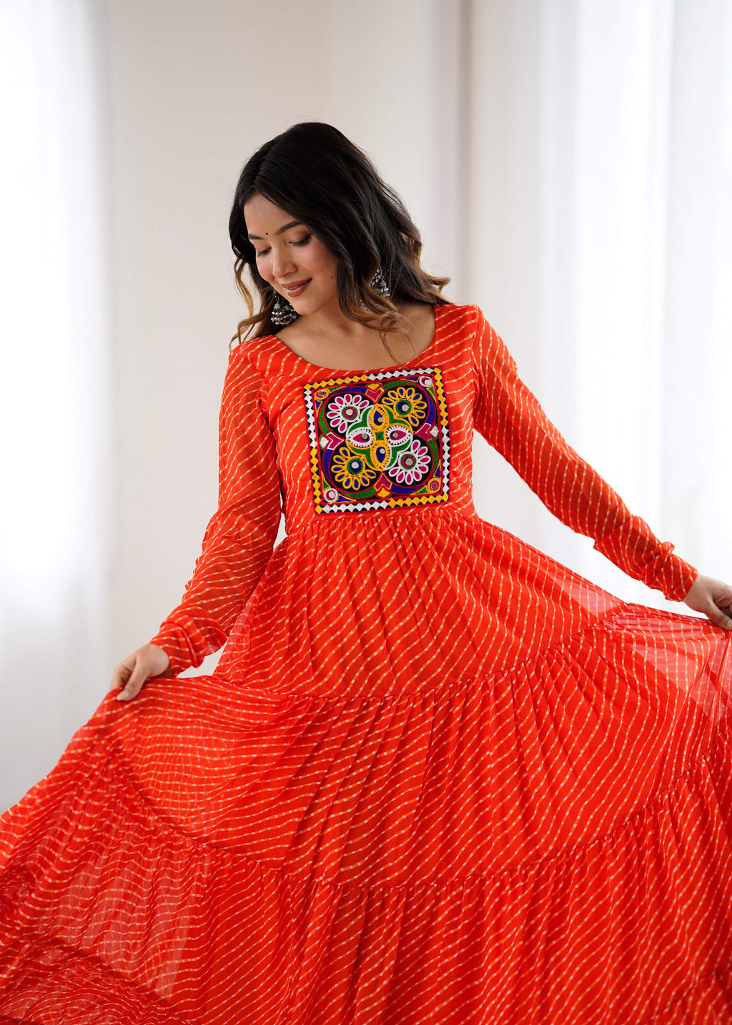 Lorenvalley Fashion Women Pure Soft Faux Georgette Leheriya Print Anarkali Gown | Grocsy