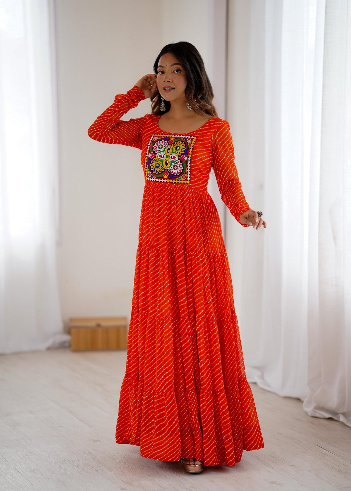 Lorenvalley Fashion Women Pure Soft Faux Georgette Leheriya Print Anarkali Gown | Grocsy