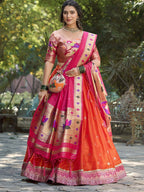 Lorenvalley Orange Jacquard Silk Paithani Weaving Zari Lehenga Choli with Dupatta | Grocsy