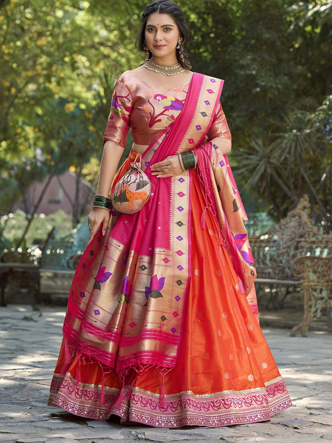 Lorenvalley Orange Jacquard Silk Paithani Weaving Zari Lehenga Choli with Dupatta | Grocsy