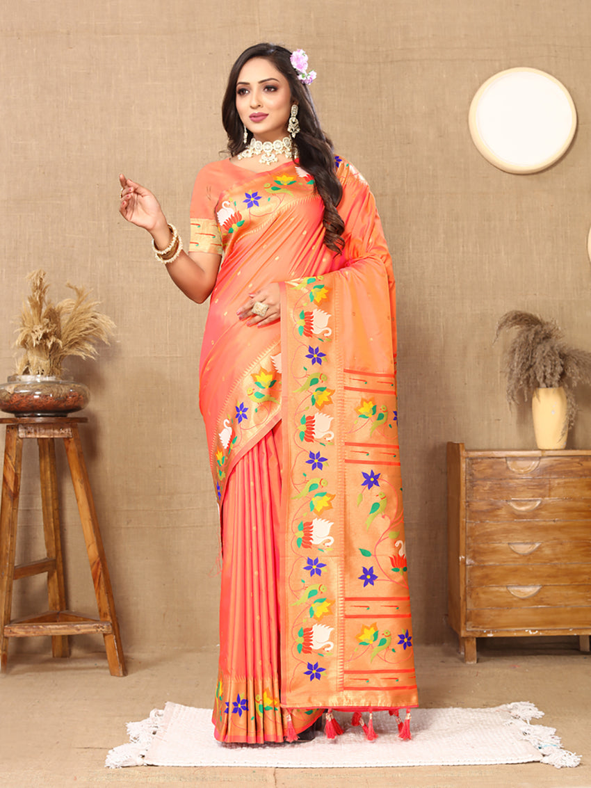 Lorenvalley Fashion Orange Soft Paithani Silk Woven Design Rich Zari Meenakari Weaving Saree | Grocsy