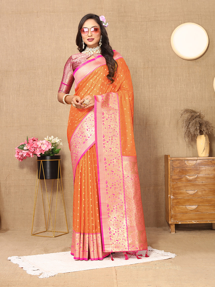 Lorenvalley Fashion Orange Soft Silk weaving Design Rich Zari Weaving Saree | Grocsy