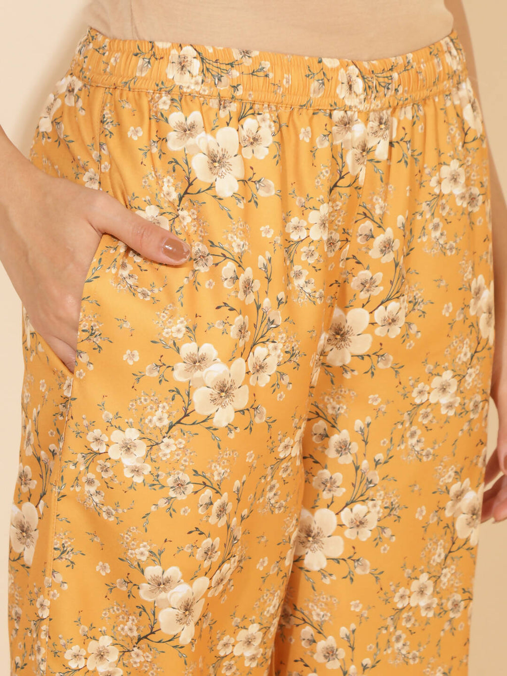 Janasya Women's Mustard Moss Floral Printed Casual Front Slit Co-ords | Grocsy