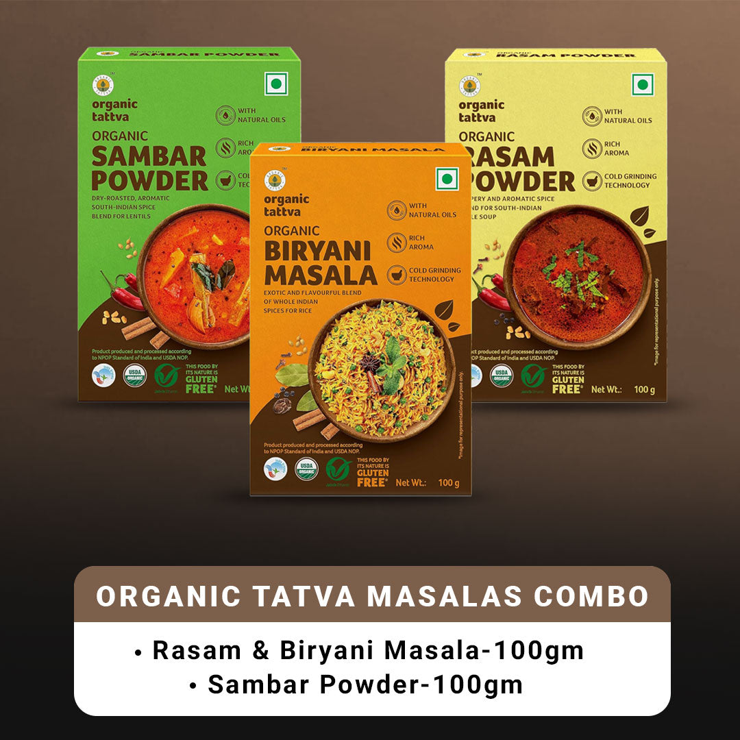 Organic Tattva South-Indian Masala Combo (100 Gm Each)- Sambar Powder, Rasam and Biryani Masala | Grocsy