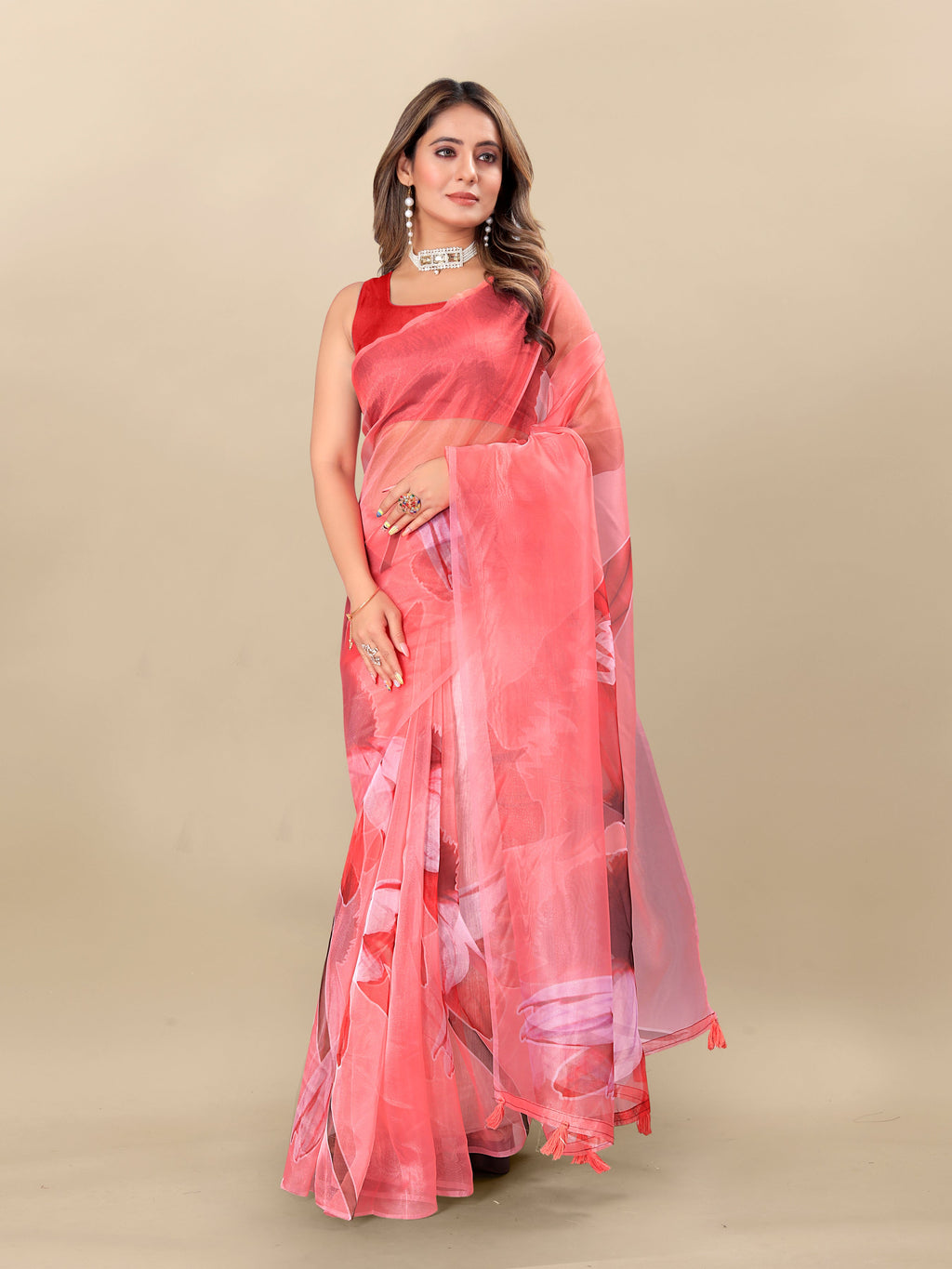 Vedant Vastram Digital Print Organza Party Wear Saree With Unstitched Blouse Piece - Red | Grocsy