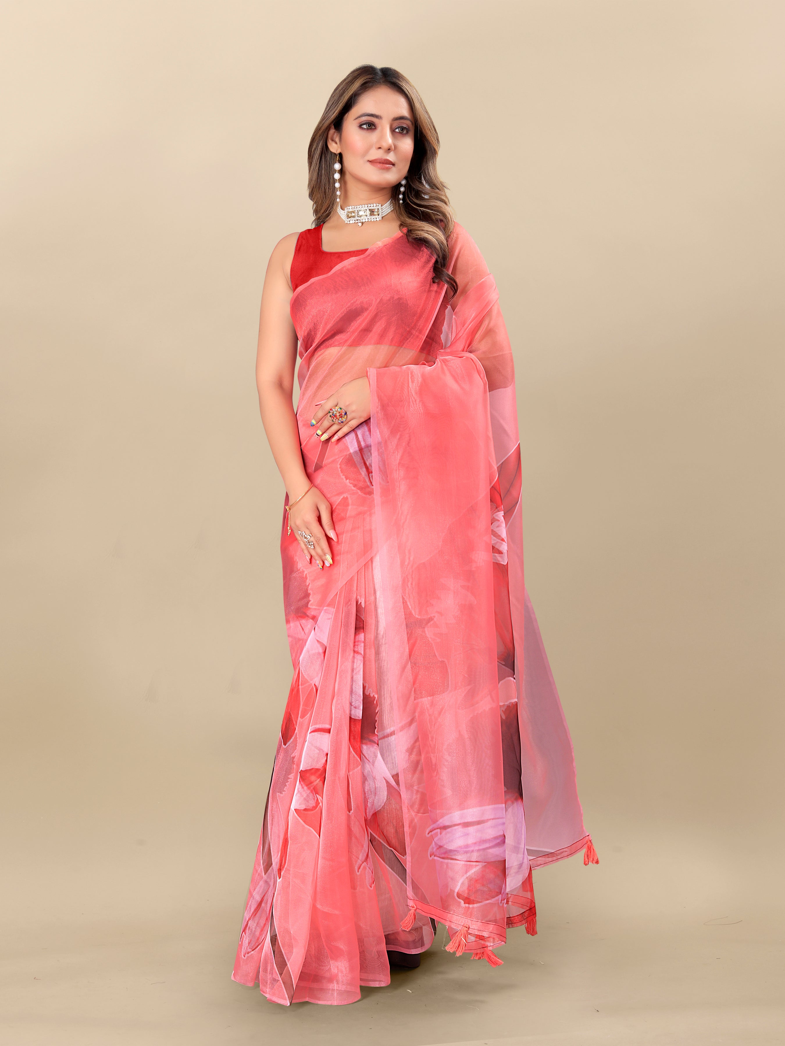 Vedant Vastram Digital Print Organza Party Wear Saree With Unstitched Blouse Piece - Red | Grocsy