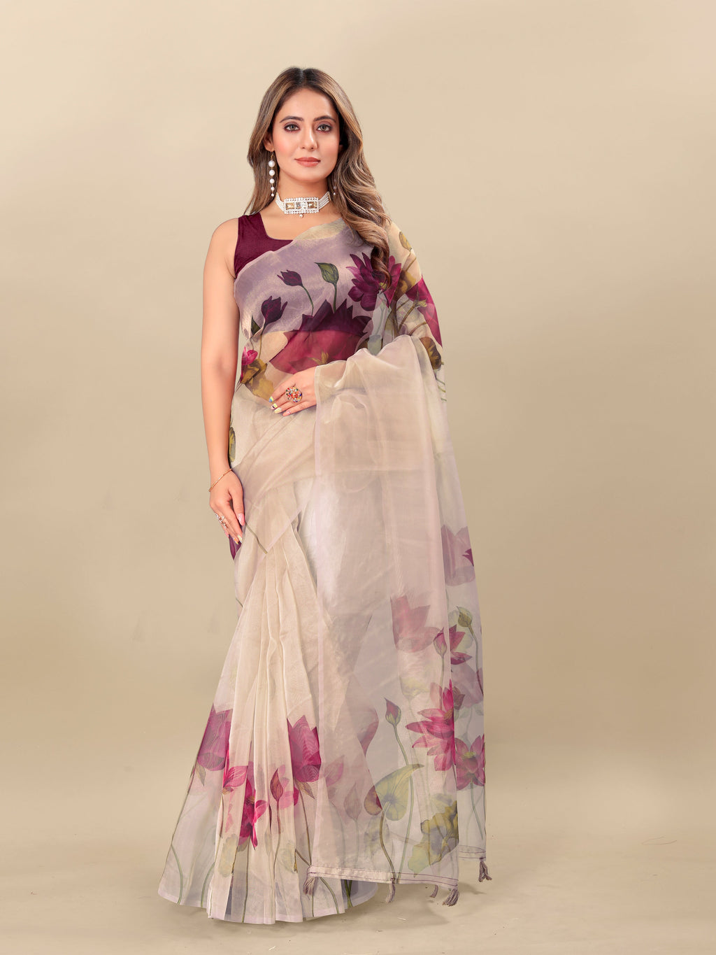 Vedant Vastram Digital Print Organza Party Wear Saree With Unstitched Blouse Piece - Purple | Grocsy
