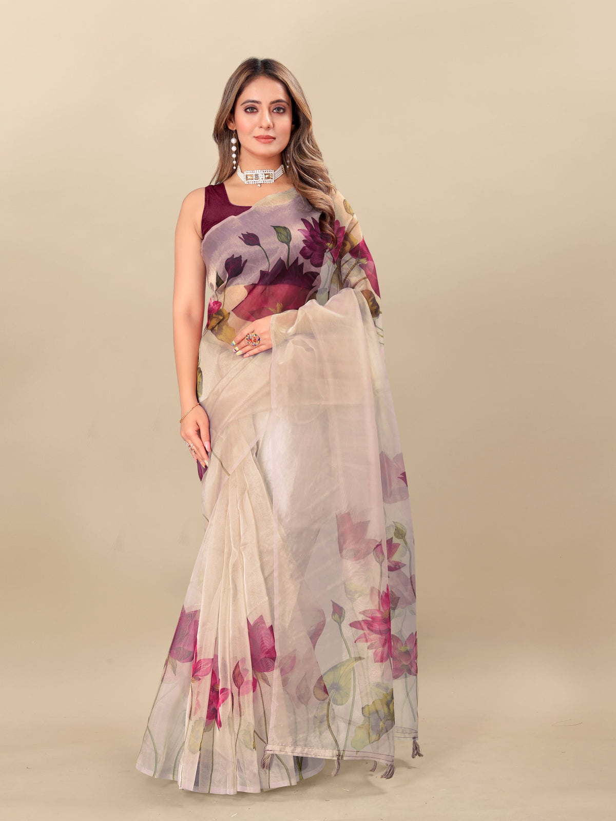 Vedant Vastram Digital Print Organza Party Wear Saree With Unstitched Blouse Piece - Purple | Grocsy