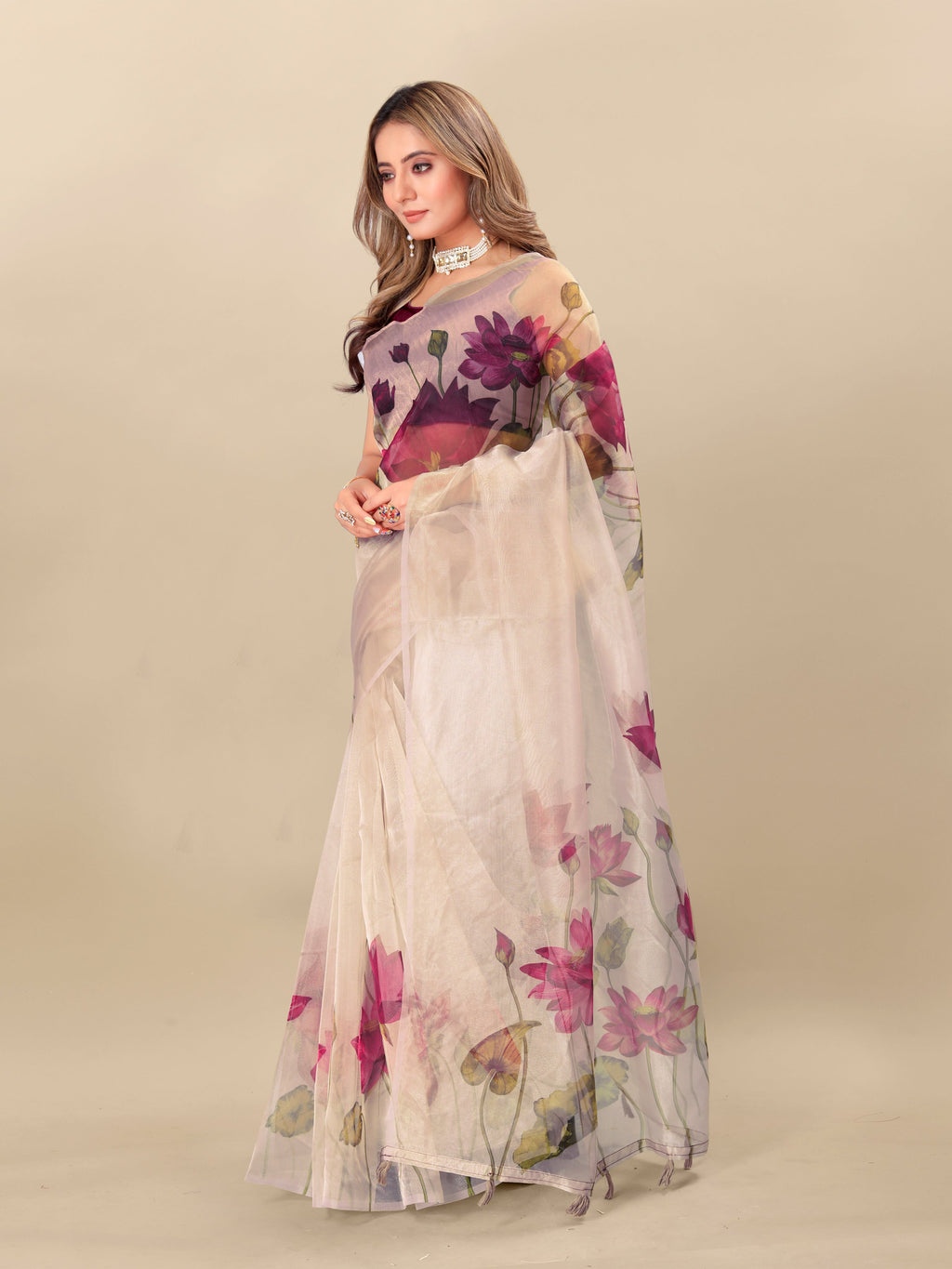 Vedant Vastram Digital Print Organza Party Wear Saree With Unstitched Blouse Piece - Purple | Grocsy