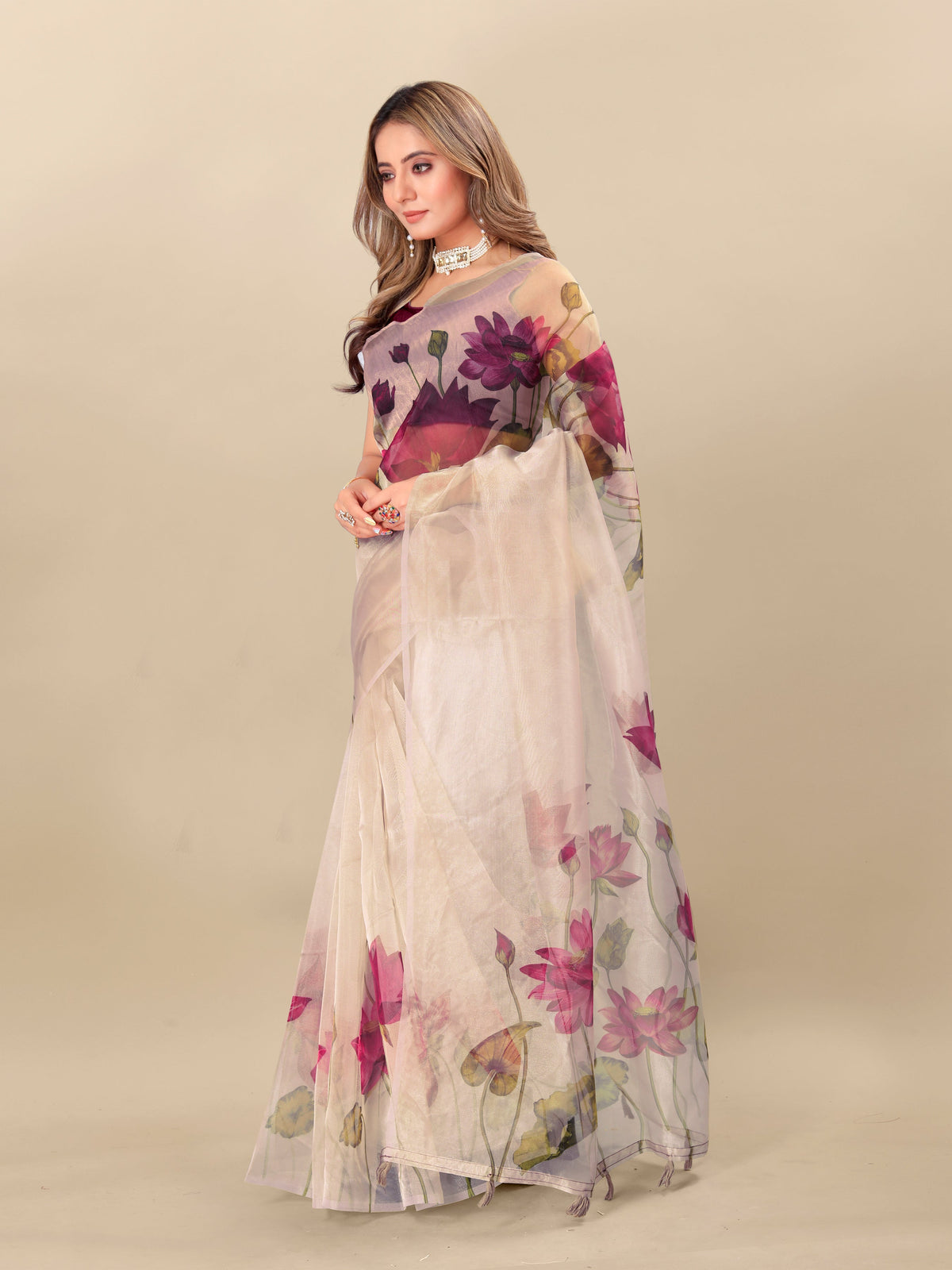 Vedant Vastram Digital Print Organza Party Wear Saree With Unstitched Blouse Piece - Purple | Grocsy