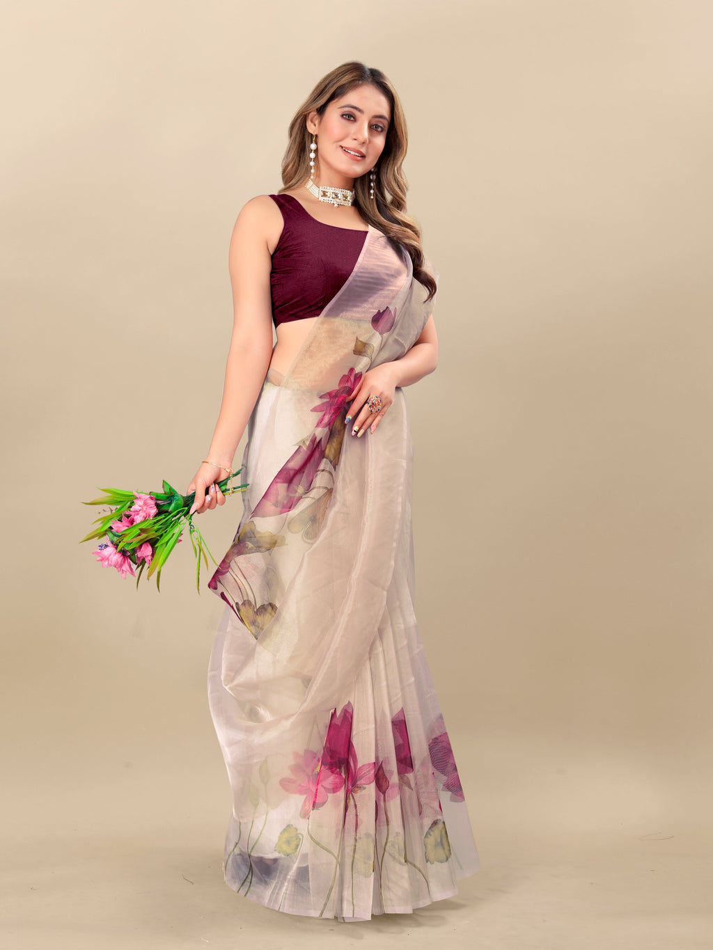 Vedant Vastram Digital Print Organza Party Wear Saree With Unstitched Blouse Piece - Purple | Grocsy