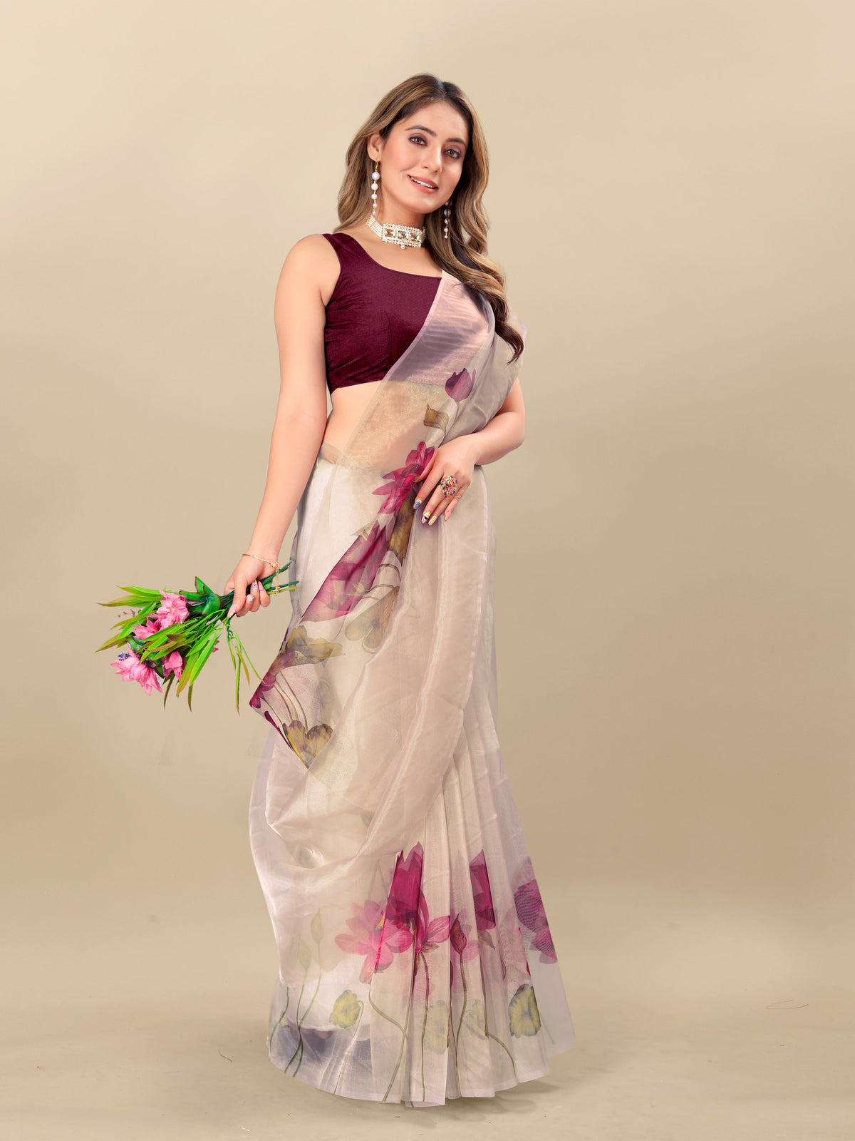 Vedant Vastram Digital Print Organza Party Wear Saree With Unstitched Blouse Piece - Purple | Grocsy