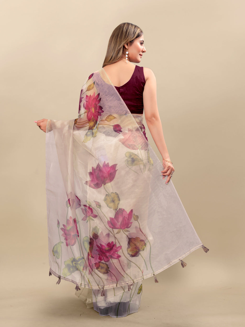 Vedant Vastram Digital Print Organza Party Wear Saree With Unstitched Blouse Piece - Purple | Grocsy