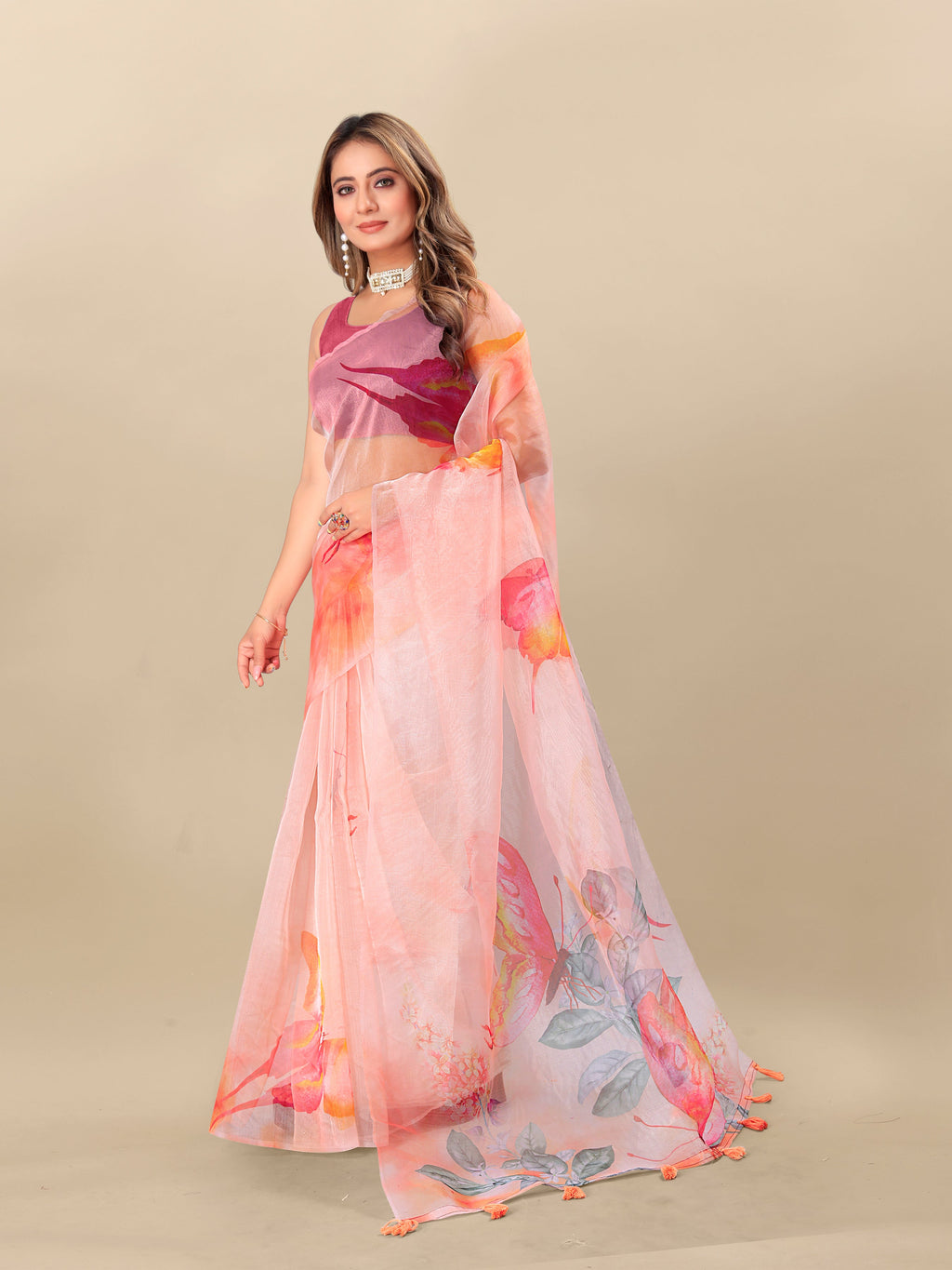 Vedant Vastram Digital Print Organza Party Wear Saree With Unstitched Blouse Piece - Purple | Grocsy