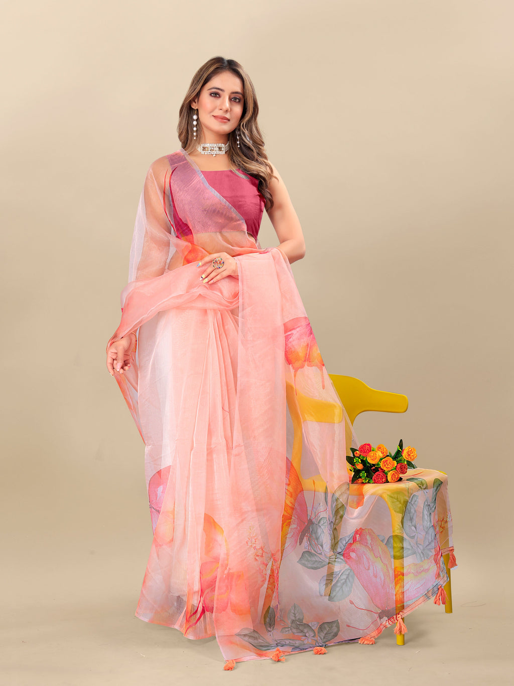 Vedant Vastram Digital Print Organza Party Wear Saree With Unstitched Blouse Piece - Purple | Grocsy