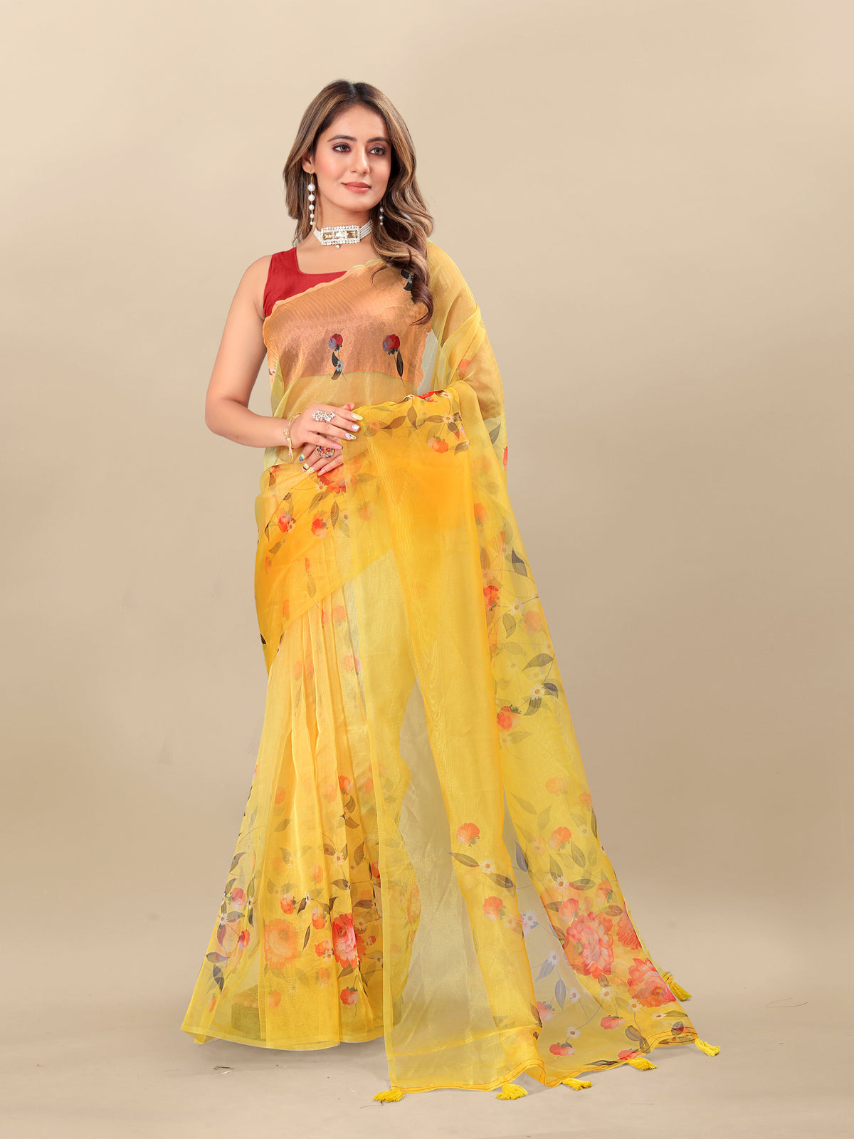 Vedant Vastram Digital Print Organza Party Wear Saree With Unstitched Blouse Piece - Yellow | Grocsy