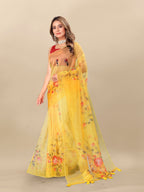 Vedant Vastram Digital Print Organza Party Wear Saree With Unstitched Blouse Piece - Yellow | Grocsy