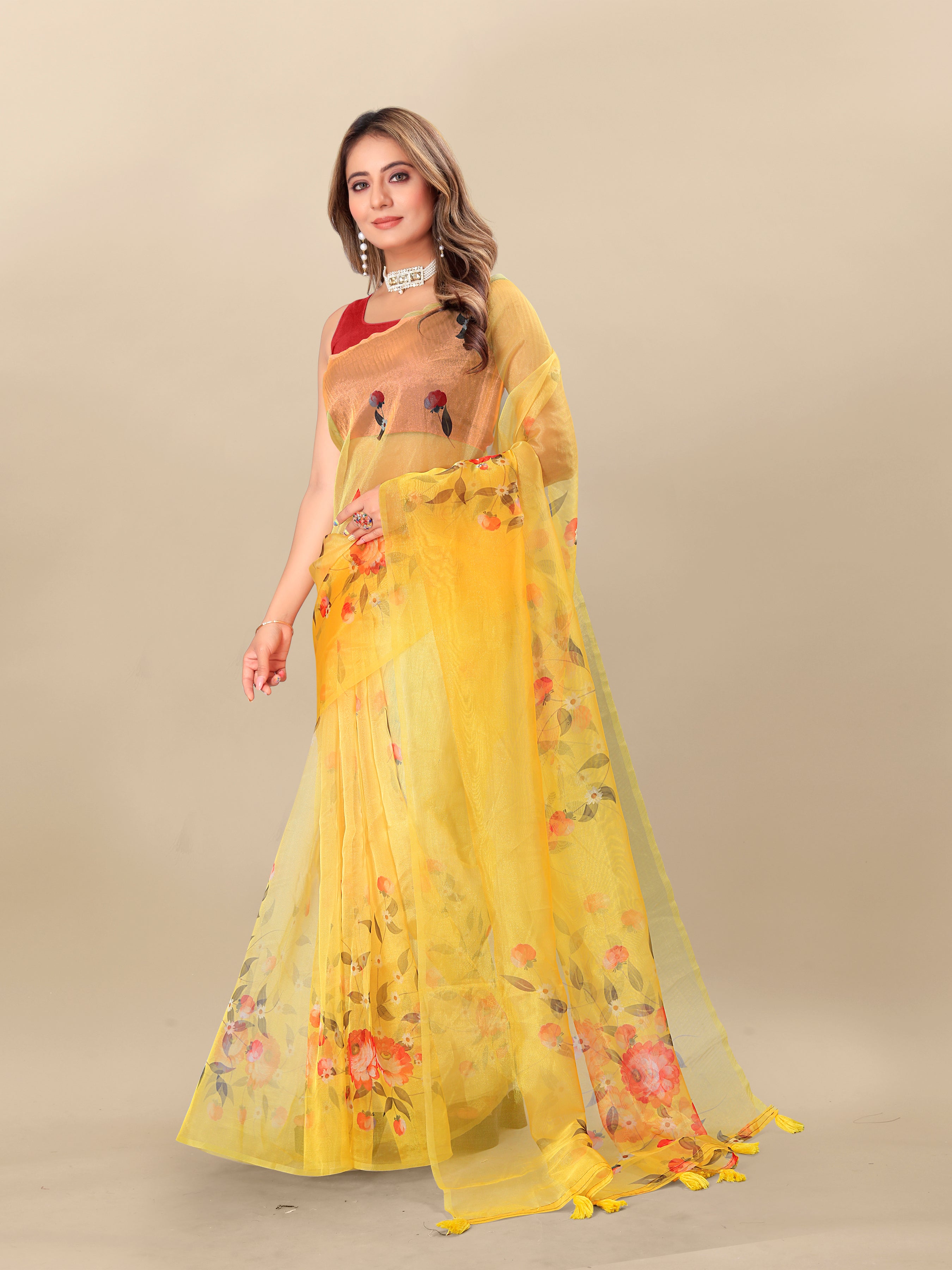 Vedant Vastram Digital Print Organza Party Wear Saree With Unstitched Blouse Piece - Yellow | Grocsy