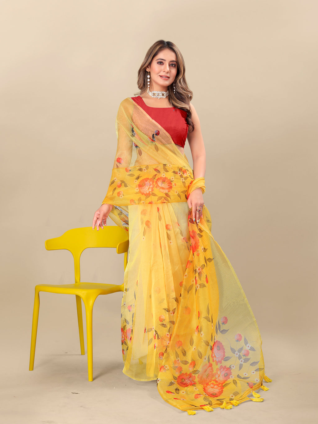 Vedant Vastram Digital Print Organza Party Wear Saree With Unstitched Blouse Piece - Yellow | Grocsy