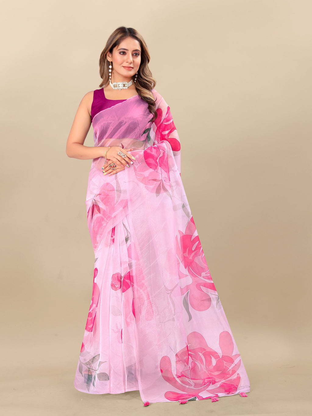 Vedant Vastram Digital Print Organza Party Wear Saree With Unstitched Blouse Piece - Pink | Grocsy