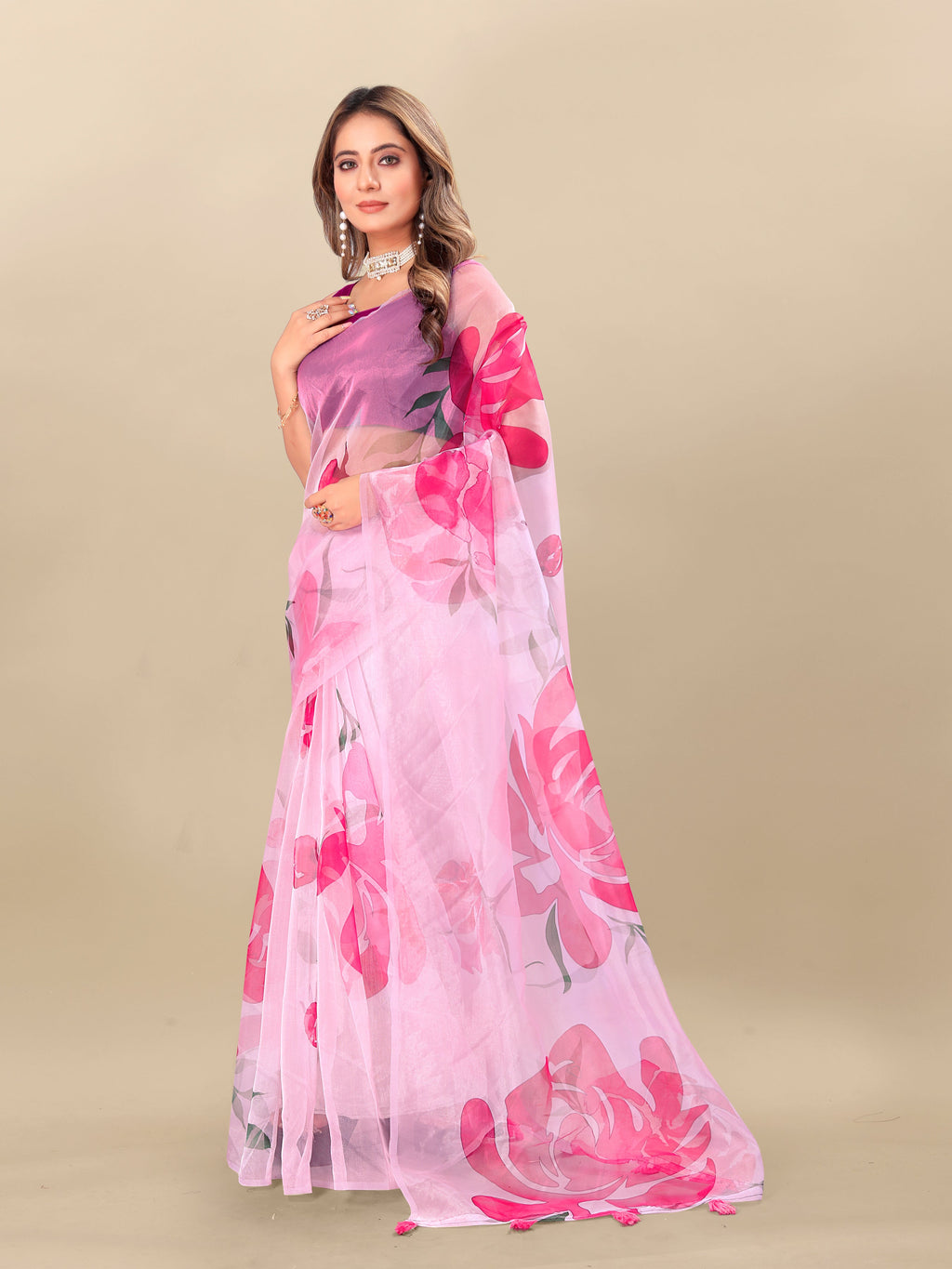 Vedant Vastram Digital Print Organza Party Wear Saree With Unstitched Blouse Piece - Pink | Grocsy
