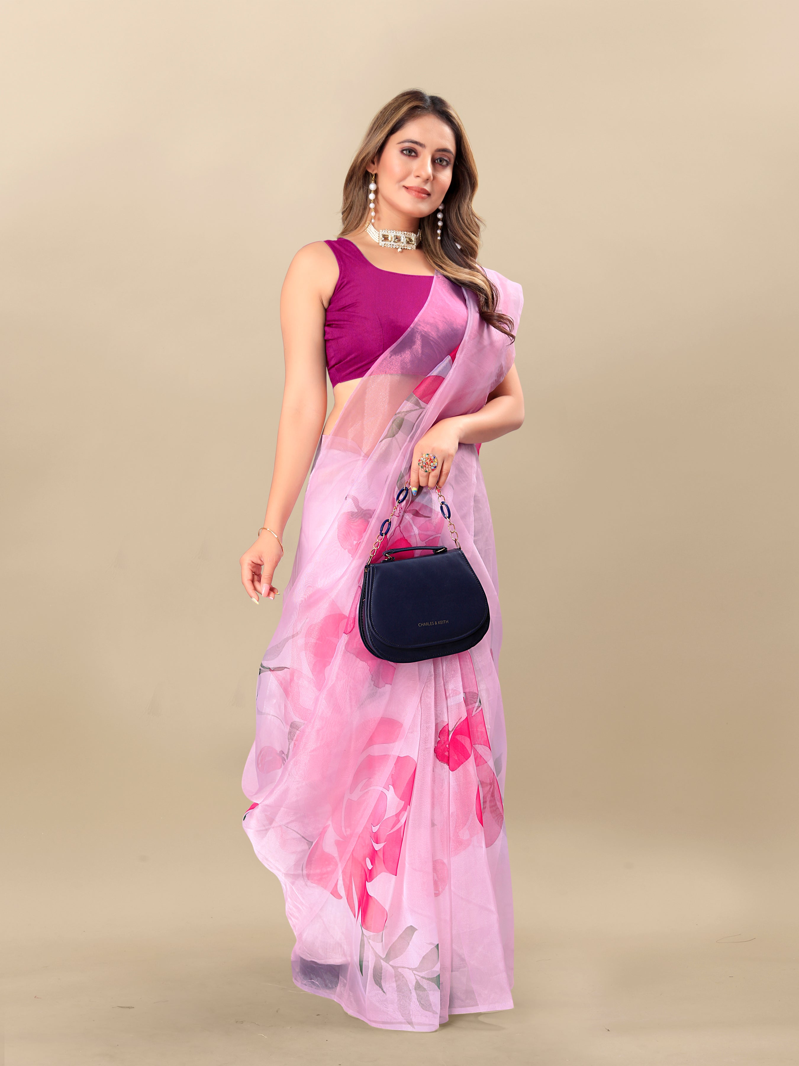Vedant Vastram Digital Print Organza Party Wear Saree With Unstitched Blouse Piece - Pink | Grocsy