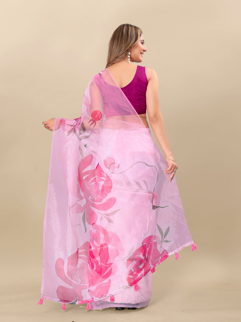 Vedant Vastram Digital Print Organza Party Wear Saree With Unstitched Blouse Piece - Pink | Grocsy