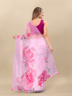 Vedant Vastram Digital Print Organza Party Wear Saree With Unstitched Blouse Piece - Pink | Grocsy