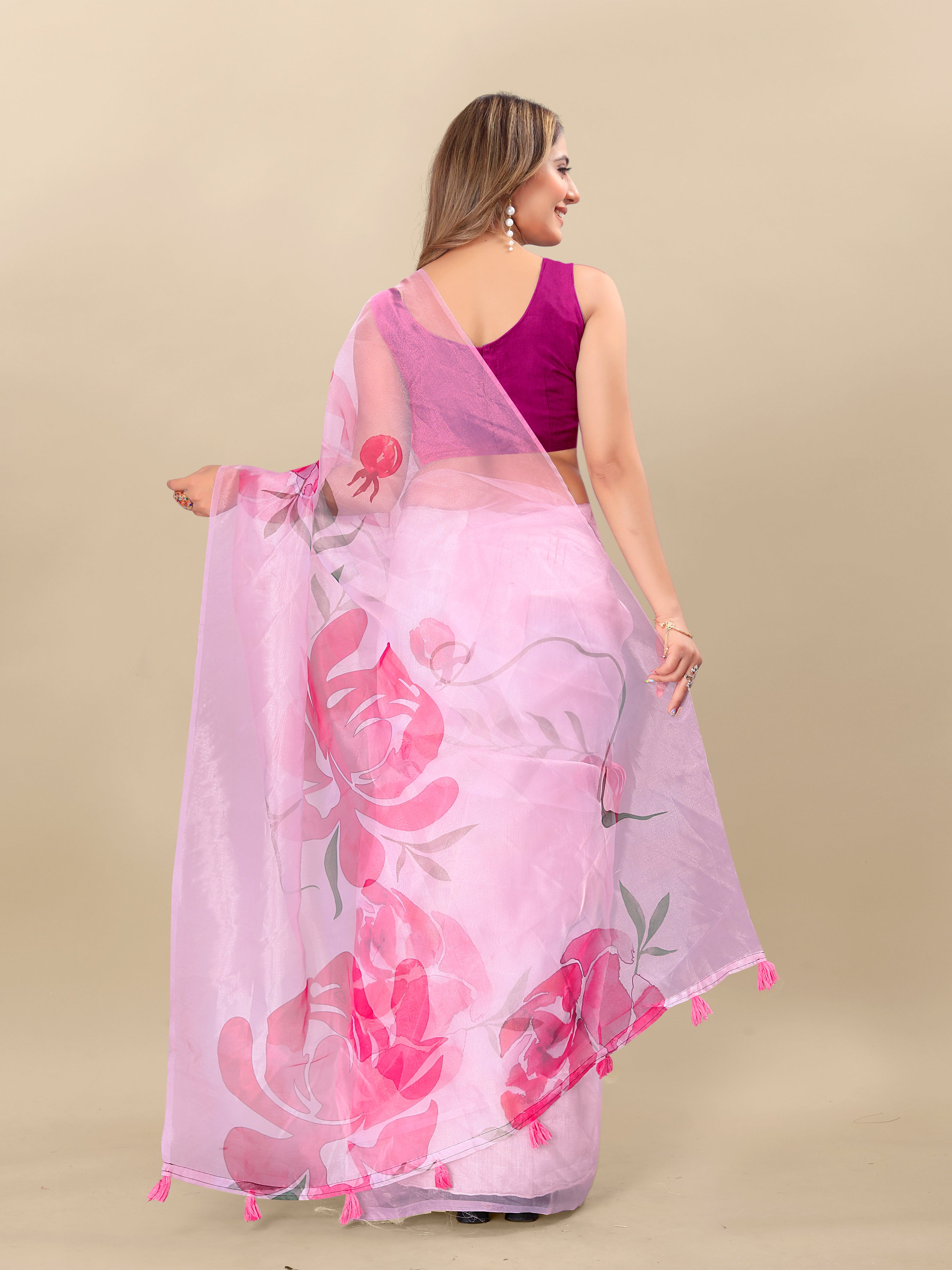 Vedant Vastram Digital Print Organza Party Wear Saree With Unstitched Blouse Piece - Pink | Grocsy