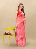 Vedant Vastram Digital Print Organza Party Wear Saree With Unstitched Blouse Piece - Red | Grocsy