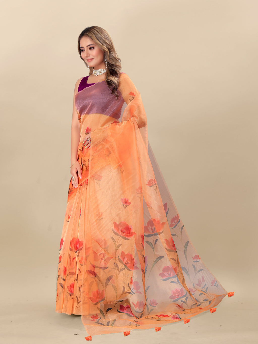 Vedant Vastram Digital Print Organza Party Wear Saree With Unstitched Blouse Piece - Orange | Grocsy