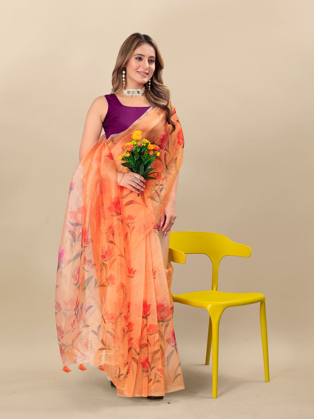 Vedant Vastram Digital Print Organza Party Wear Saree With Unstitched Blouse Piece - Orange | Grocsy