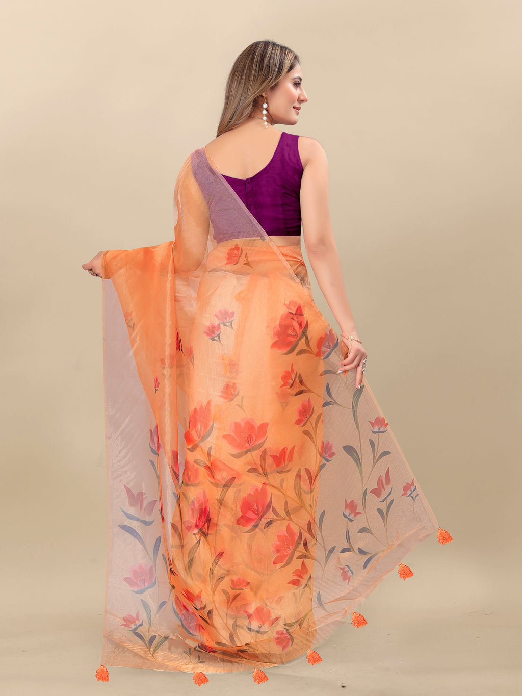 Vedant Vastram Digital Print Organza Party Wear Saree With Unstitched Blouse Piece - Orange | Grocsy
