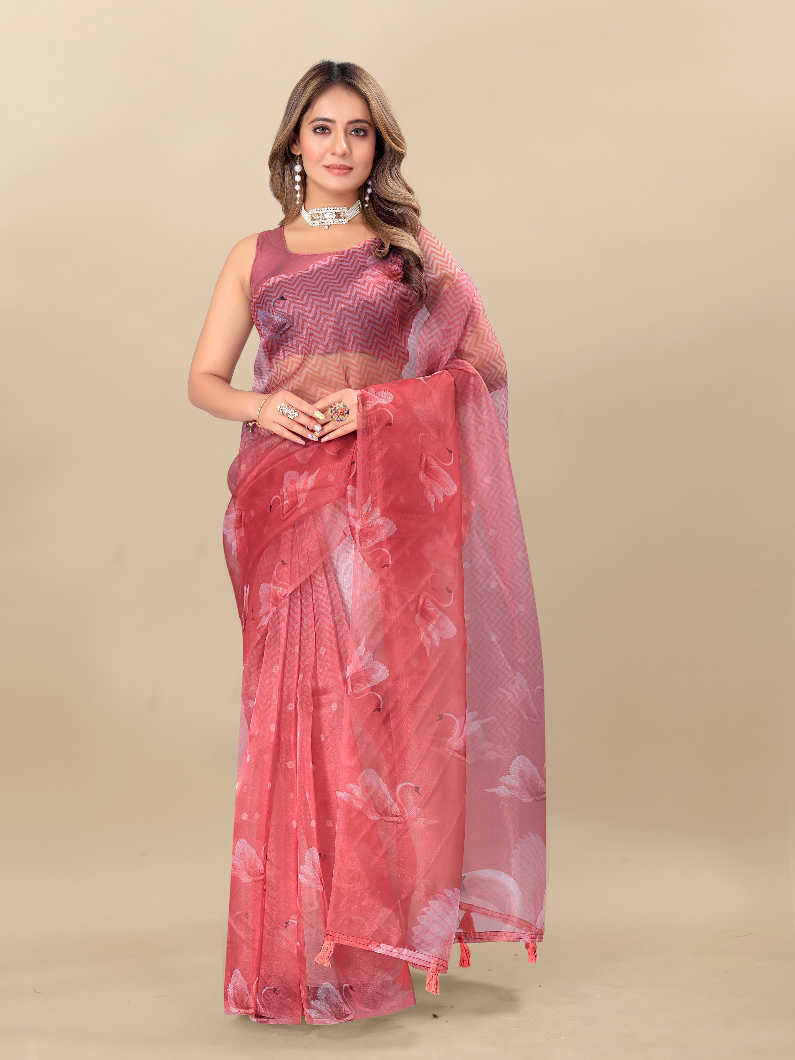 Vedant Vastram Digital Print Organza Party Wear Saree With Unstitched Blouse Piece - Purple | Grocsy