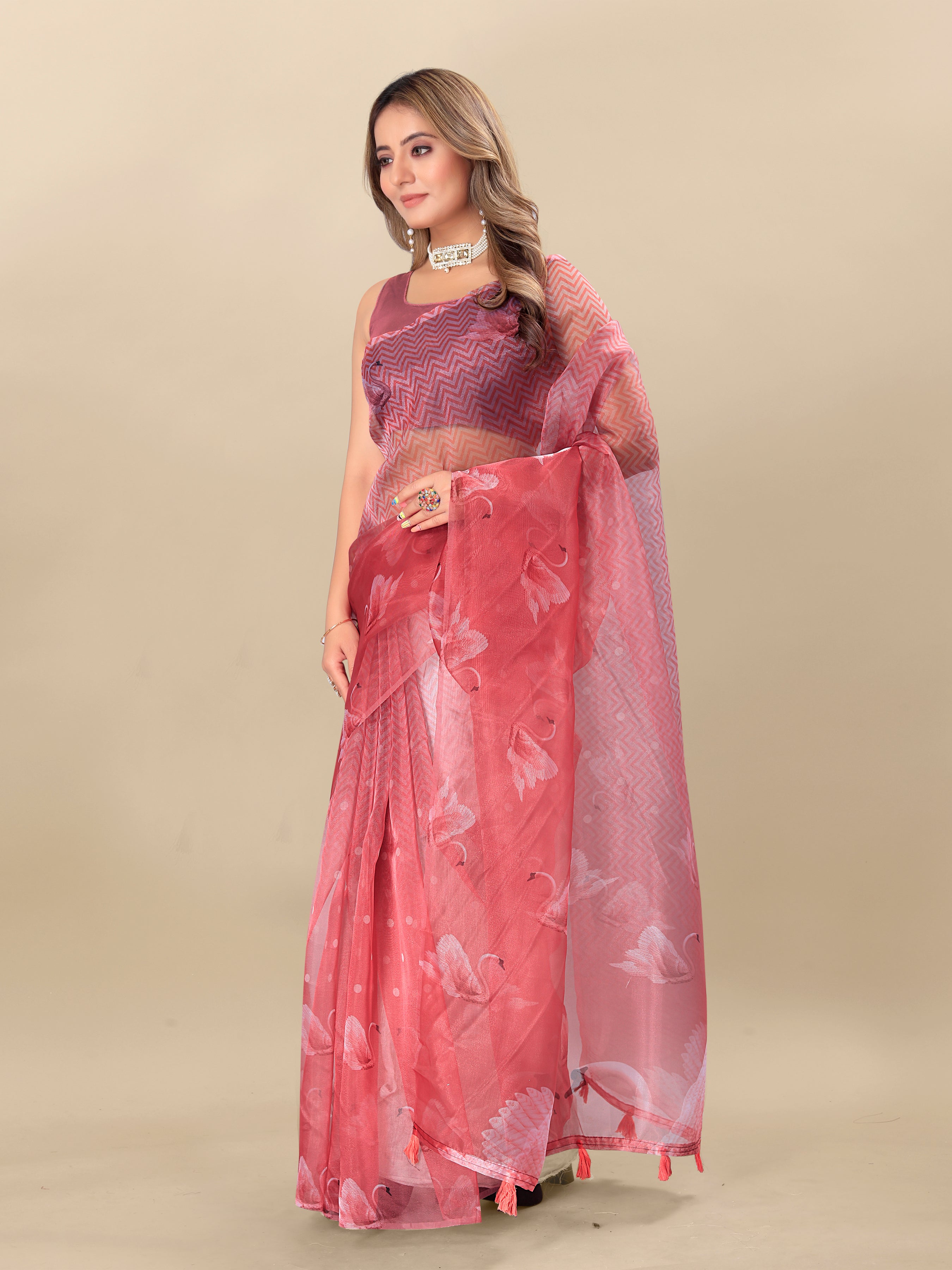 Vedant Vastram Digital Print Organza Party Wear Saree With Unstitched Blouse Piece - Purple | Grocsy
