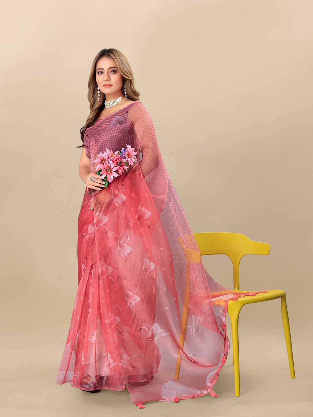 Vedant Vastram Digital Print Organza Party Wear Saree With Unstitched Blouse Piece - Purple | Grocsy
