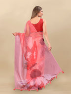 Vedant Vastram Digital Print Organza Party Wear Saree With Unstitched Blouse Piece - Red | Grocsy
