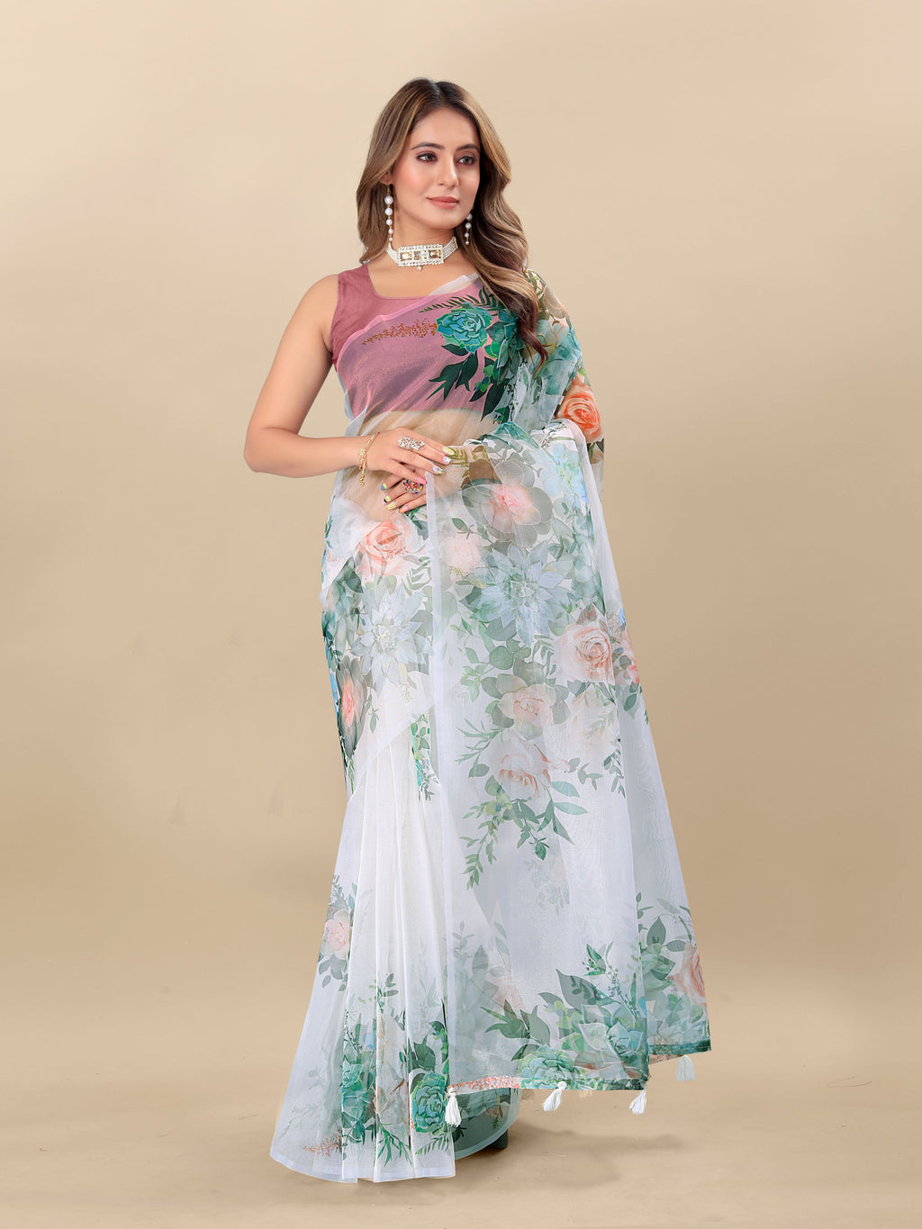 Vedant Vastram Digital Print Organza Party Wear Saree With Unstitched Blouse Piece - White | Grocsy