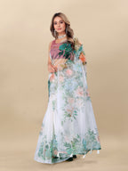 Vedant Vastram Digital Print Organza Party Wear Saree With Unstitched Blouse Piece - White | Grocsy