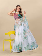 Vedant Vastram Digital Print Organza Party Wear Saree With Unstitched Blouse Piece - White | Grocsy