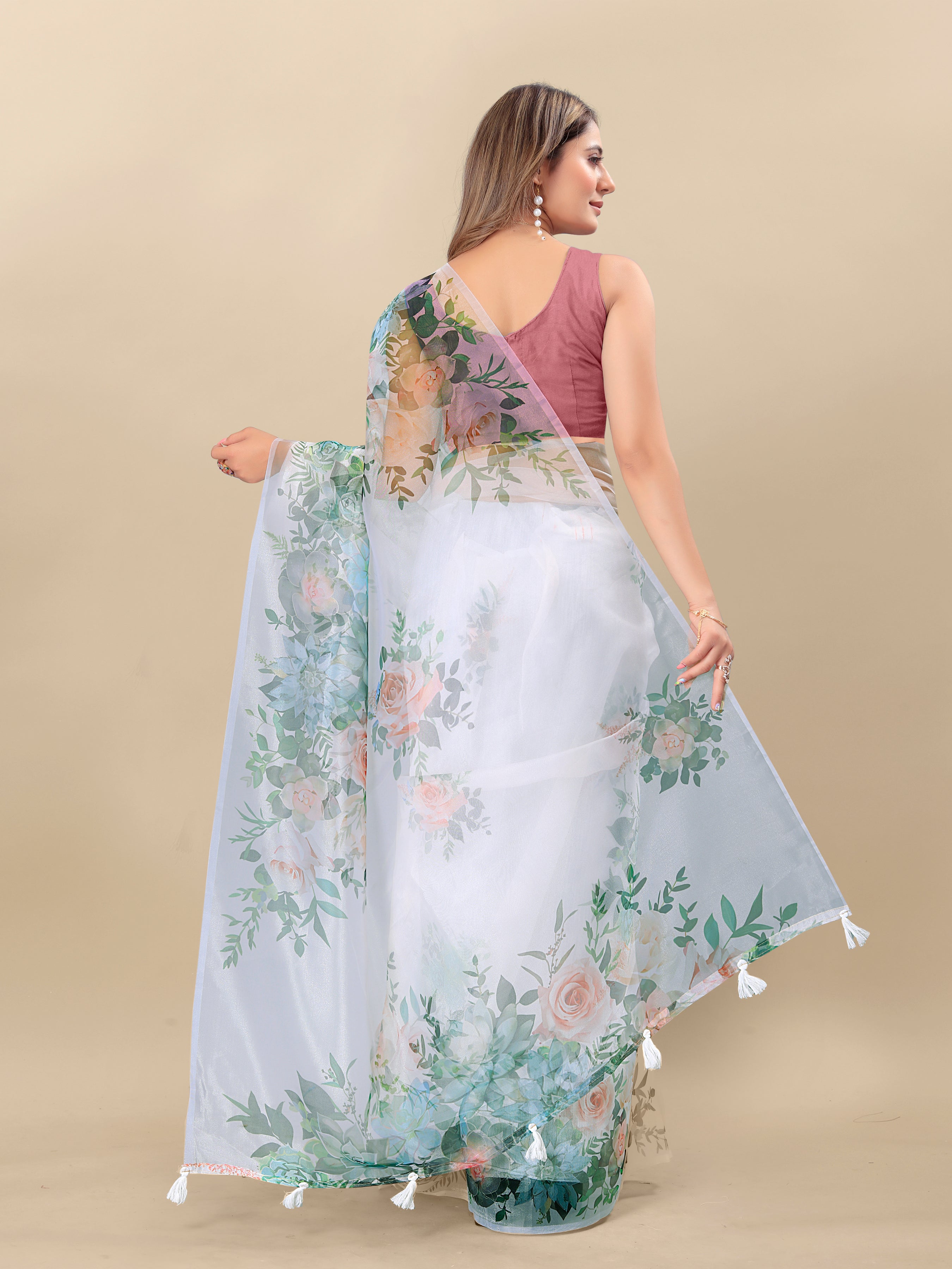 Vedant Vastram Digital Print Organza Party Wear Saree With Unstitched Blouse Piece - White | Grocsy