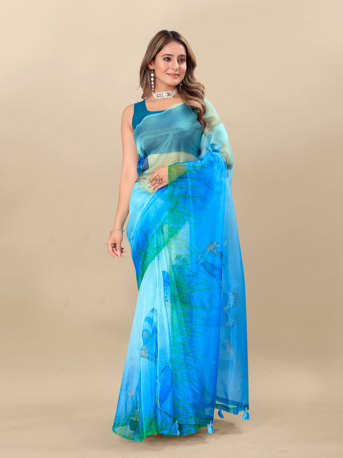 Vedant Vastram Digital Print Organza Party Wear Saree With Unstitched Blouse Piece - Blue | Grocsy