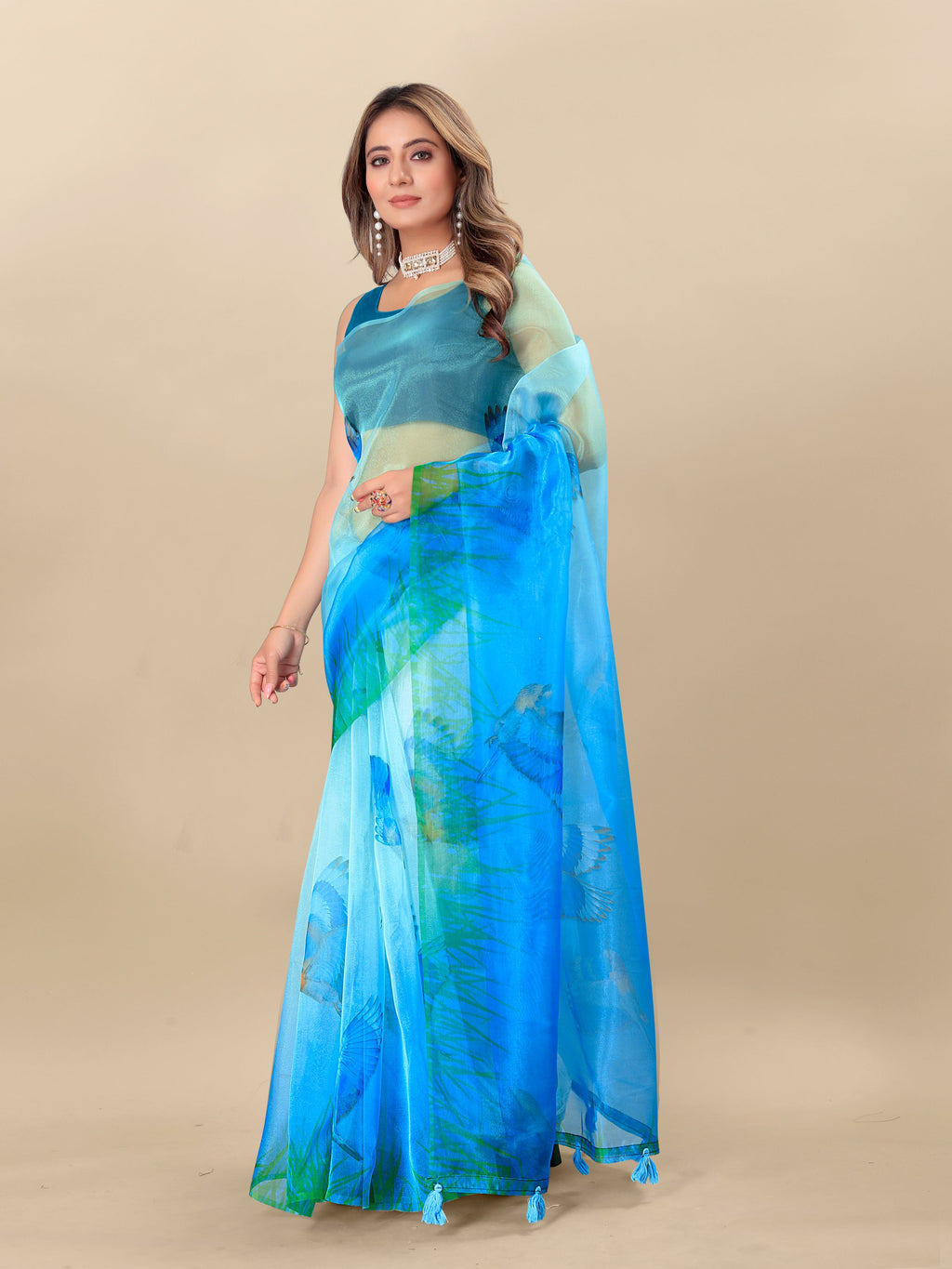 Vedant Vastram Digital Print Organza Party Wear Saree With Unstitched Blouse Piece - Blue | Grocsy