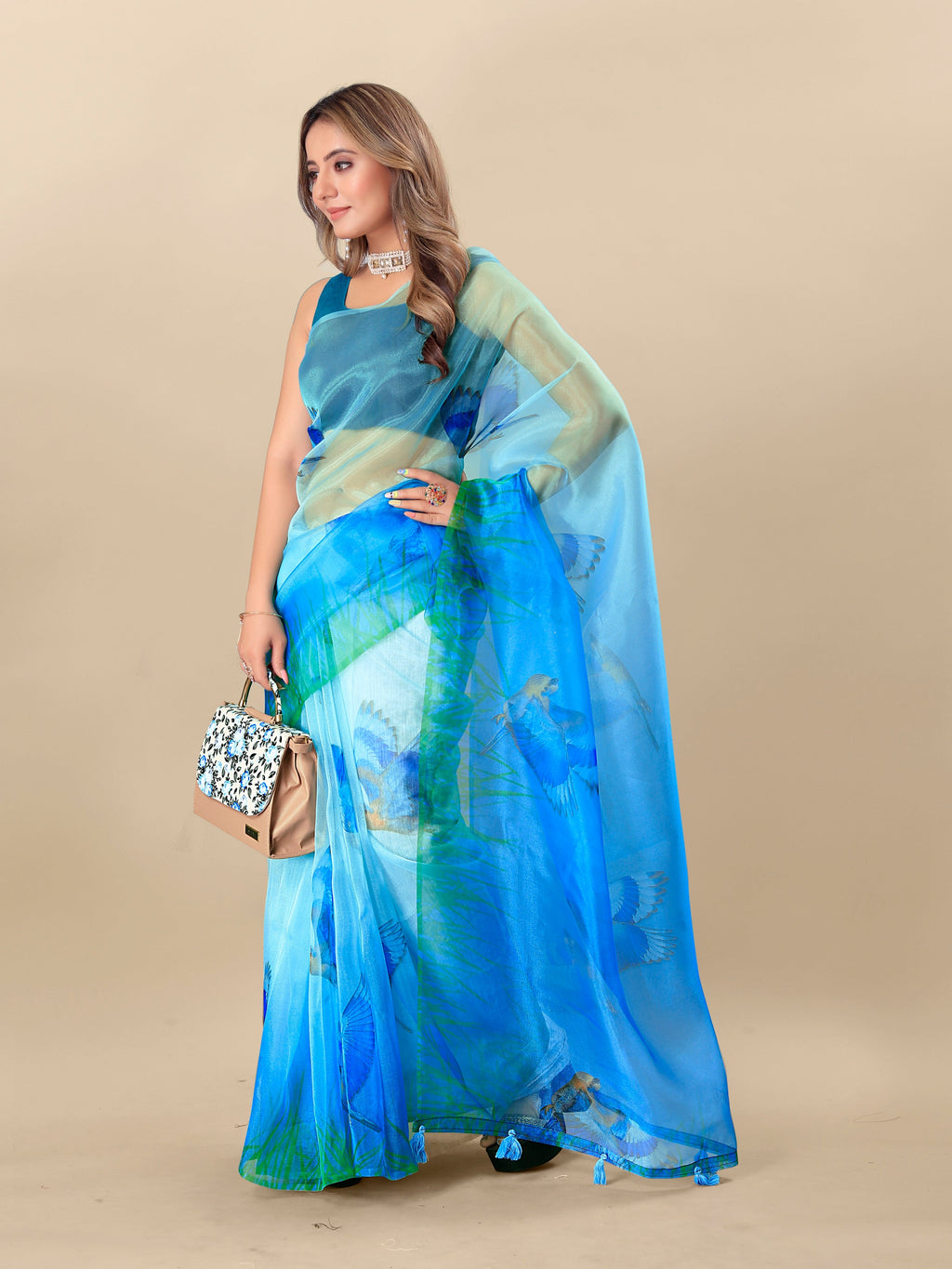 Vedant Vastram Digital Print Organza Party Wear Saree With Unstitched Blouse Piece - Blue | Grocsy