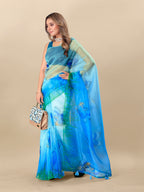 Vedant Vastram Digital Print Organza Party Wear Saree With Unstitched Blouse Piece - Blue | Grocsy