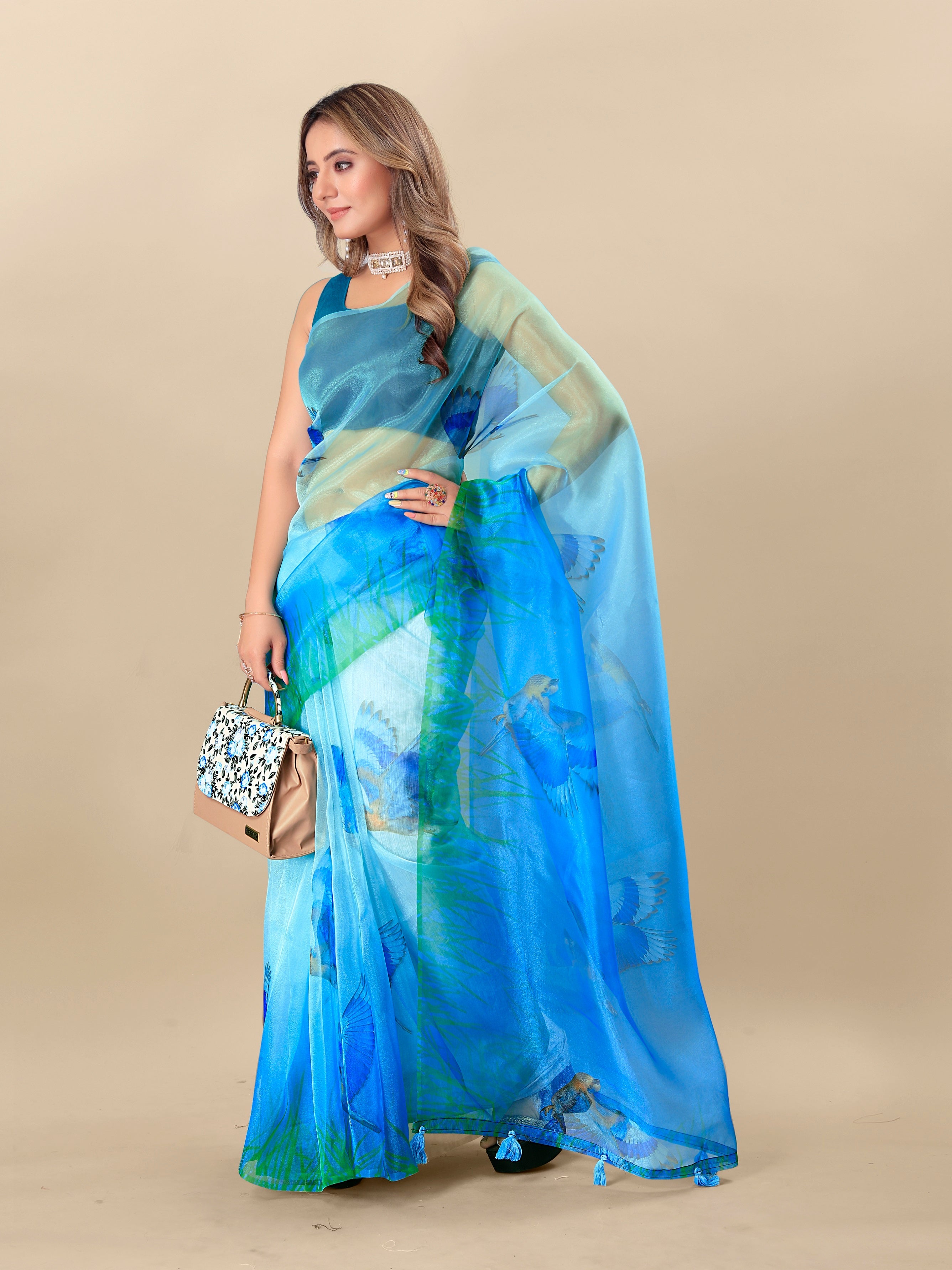 Vedant Vastram Digital Print Organza Party Wear Saree With Unstitched Blouse Piece - Blue | Grocsy